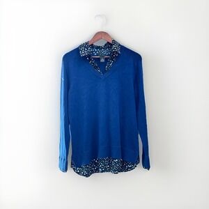 Investments Top Womens Large Blue V Neck Sweater Contrast Collar Leopard Printed